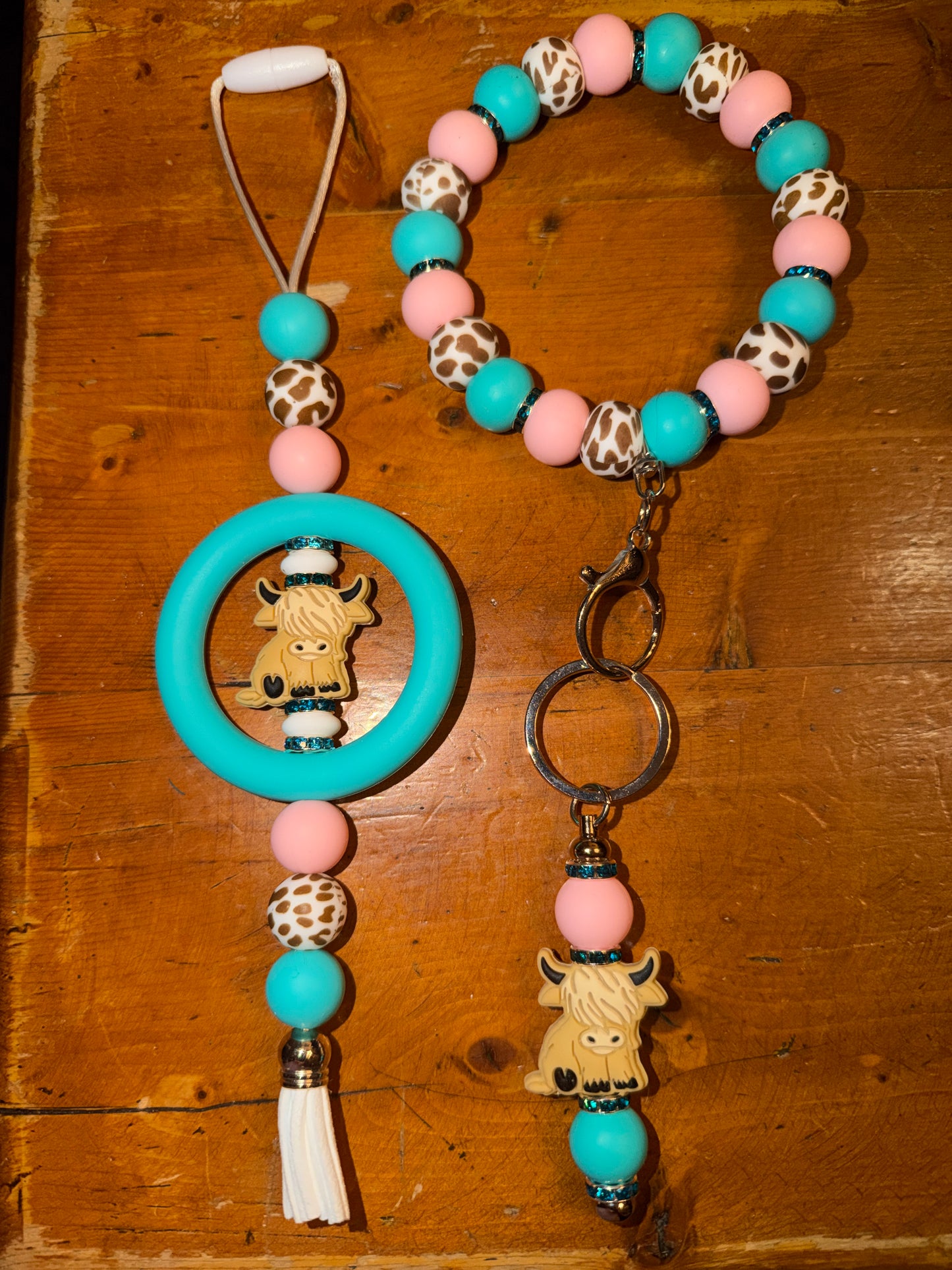 Pink & Teal Cow Beaded Set